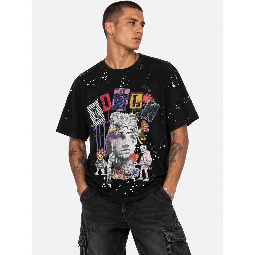 Smoke Rise Black Graffiti Graphic T-Shirt Statue Paint Splatter Urban XL